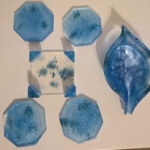 Blue Resin Coaster and Tray Set